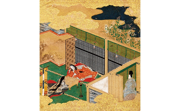 光源氏が、中川付近にある紀伊守の住まいで囲碁を打つ空蝉らを垣間見ている様子が描かれている「源氏絵鑑帖」空蝉〈伝土佐光則筆〉（宇治市源氏物語ミュージアム蔵）