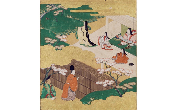 光源氏が若紫を見初めるシーンを描いた源氏絵。〈源氏物語絵色紙帖 若紫 詞青蓮院尊純〉